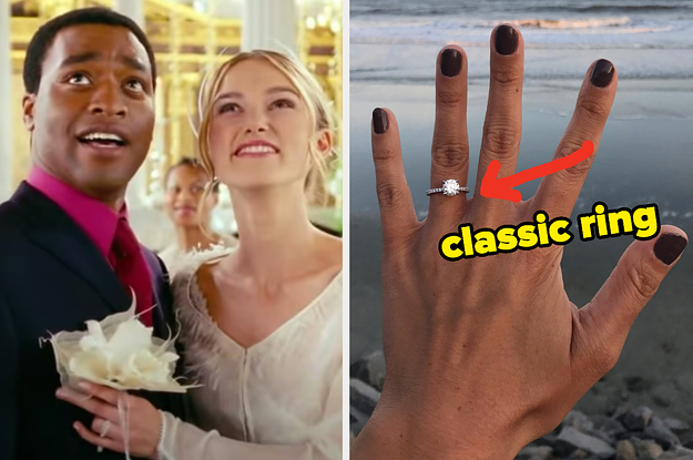 Chiwetel Ejiofor and Kiera Knightley smiling on their wedding day as Peter and Juliet in Love Actually, and on the right, someone showing off the diamond ring on their finger with an arrow pointing to it and classic ring typed next to it