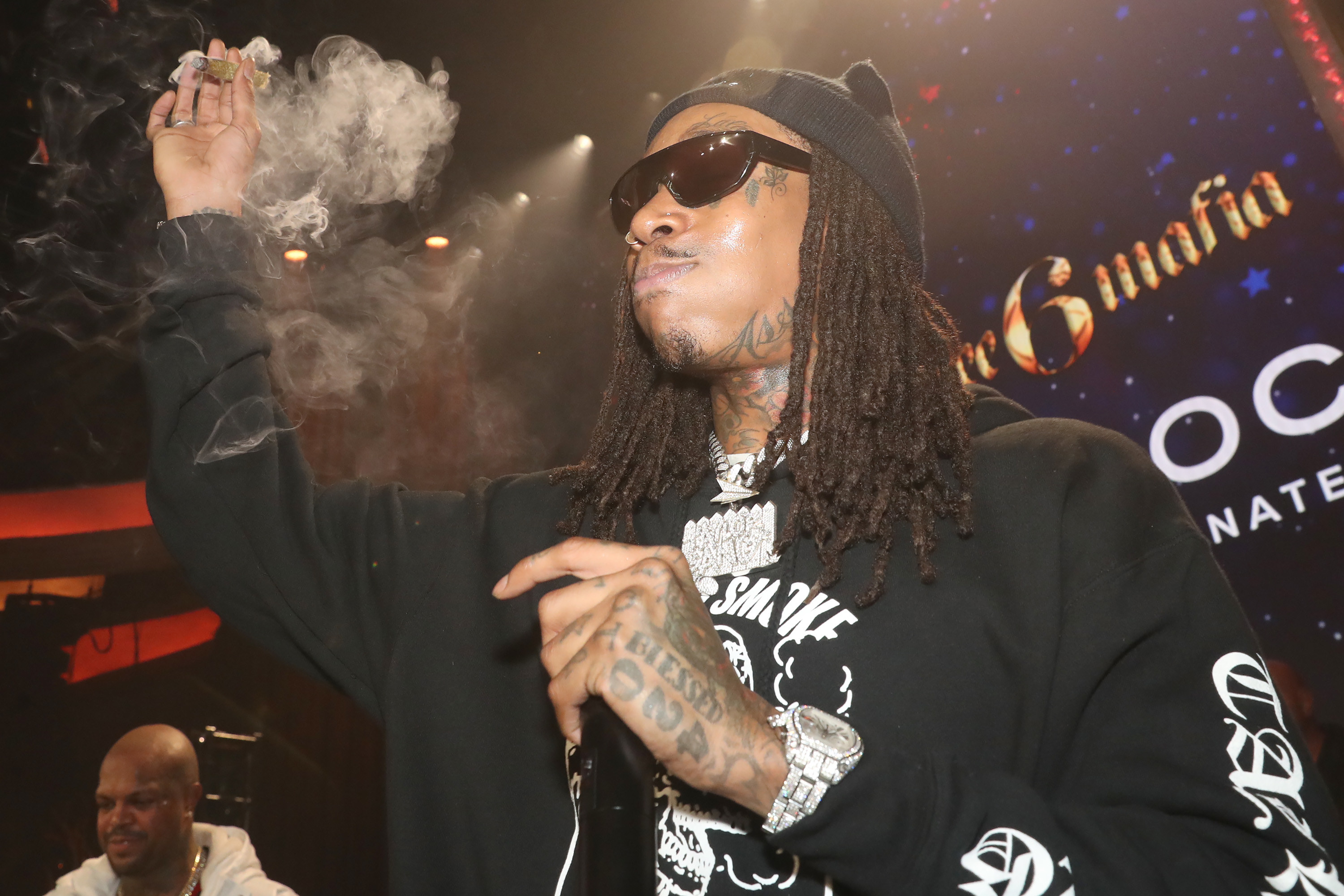 Wiz Khalifa speaks onstage at VERZUZ Bone Thugs-N-Harmony And Three 6 Mafia at Hollywood Palladium