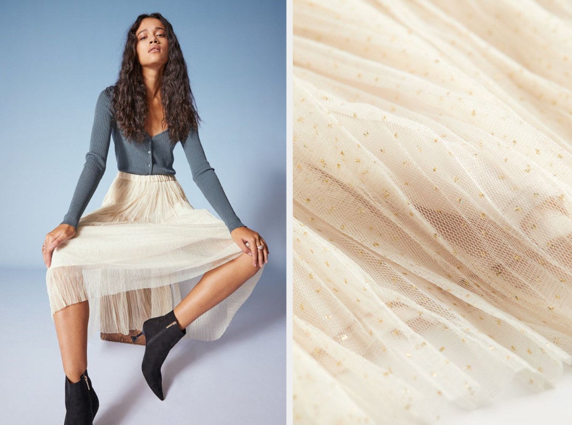 side-by-side of model wearing glittery cream skirt, and closeup of the fabric