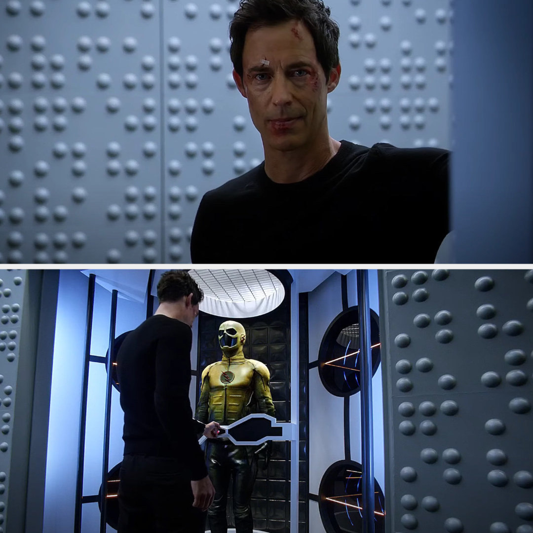 Welles looks at the Reverse Flash suit