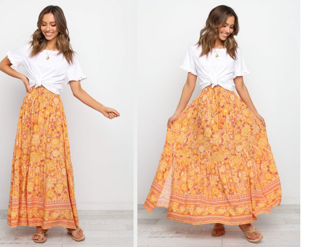 side-by-side model wearing orange floral skirt and fanning it out