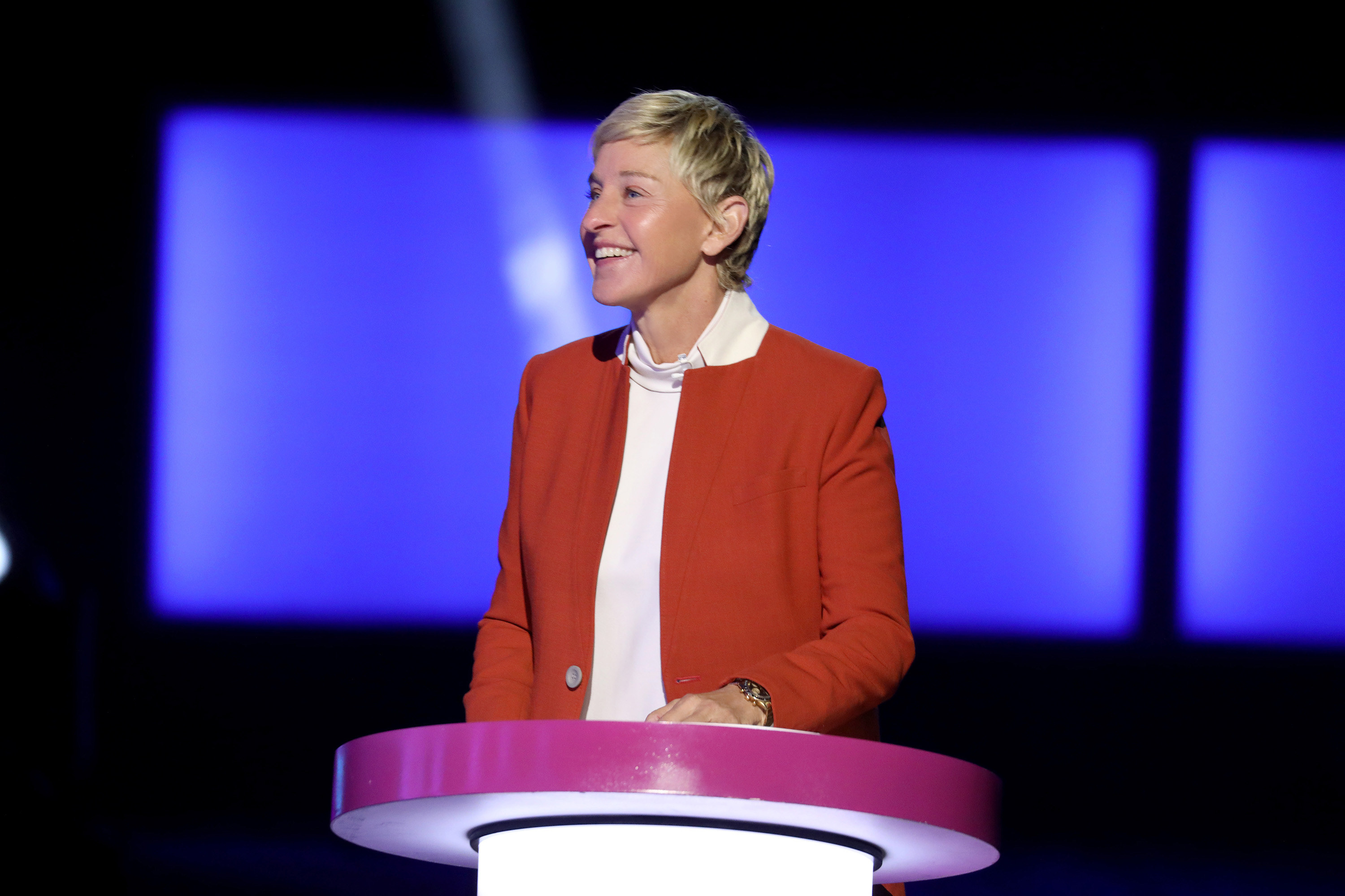 Ellen DeGeneres smiling on a television show