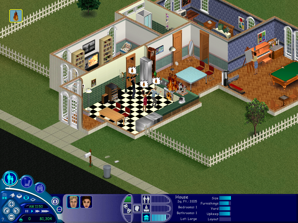 Screenshot of the kitchen on fire with three Sims screaming