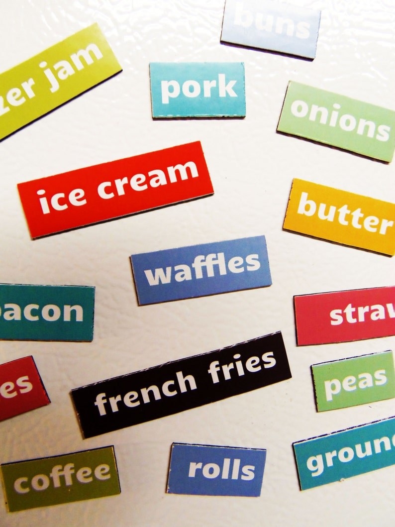 magnets with names of food on them, including ice cream, waffles, french fries, coffee, rolls, onions, butter, and peas