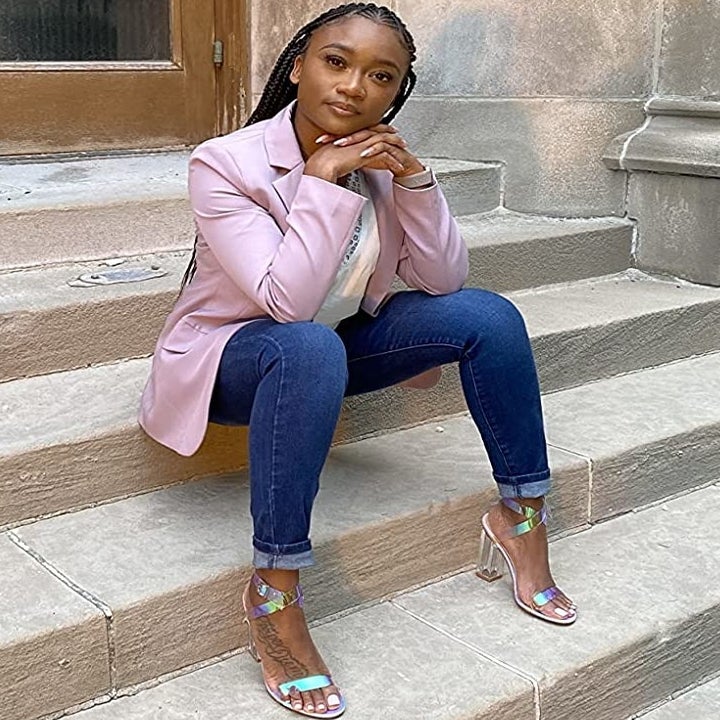 reviewer wearing the lavender blazer