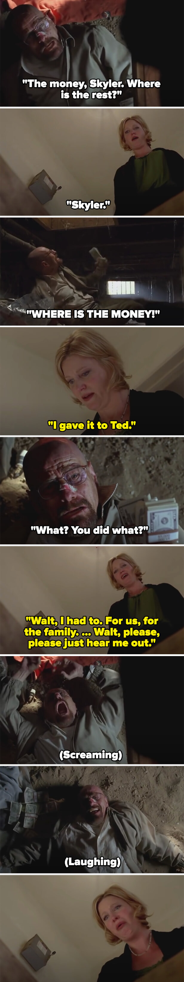 Walt (in the crawl space) asks Skyler where the money is, and she admits she gave it to Ted, begging Walt to let her explain. Walt screams then starts laughing as Skyler looks on in horror
