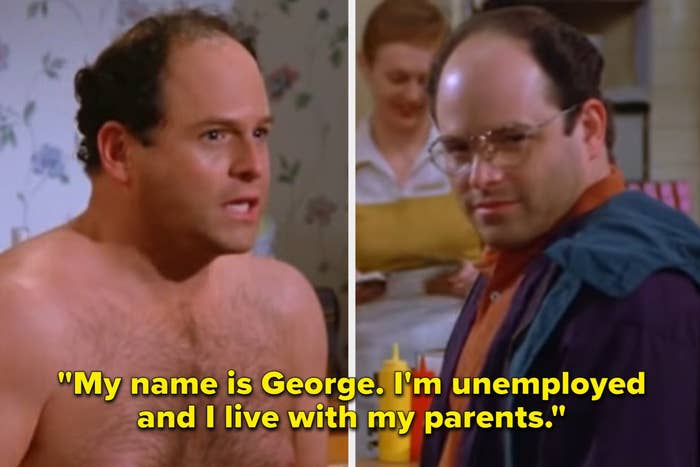 George standing naked in his bedroom in the Hamptons in &quot;Seinfeld&quot;/George look towards the screen after introducing himself to a woman in the coffee shop in &quot;Seinfeld&quot;