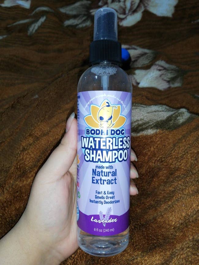 a reviewer photo of a hand holding the spritz bottle of dry shampoo