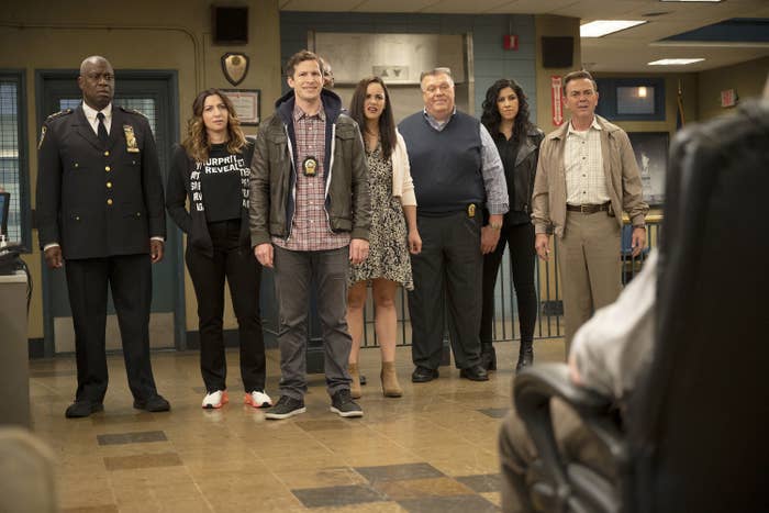 Andre Braugher as Ray Holt, Chelsea Peretti as Gina, Andy Samberg as Jake Peralta, Melissa Fumero as Amy Santiago, Joel McKinnon Miller as Scully, Stephanie Beatriz as Rosa Diaz, Joe Lo Truglio as Charles Boyle