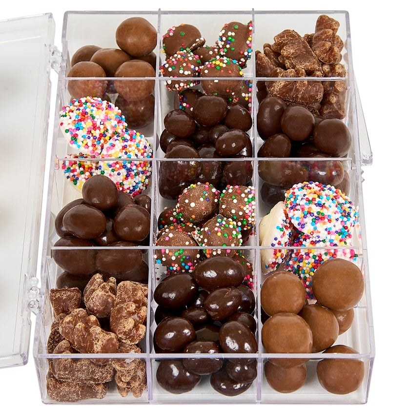 a box with a variety of chocolates