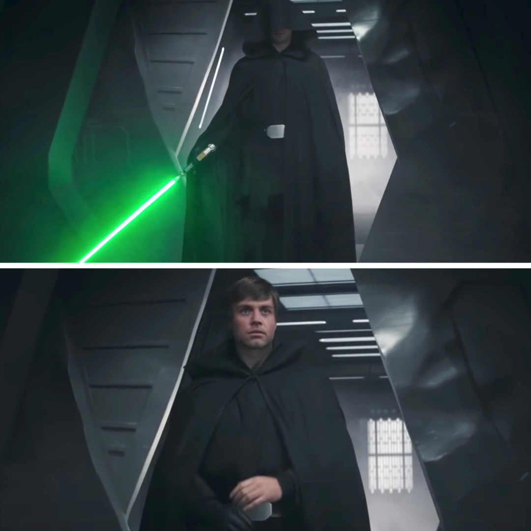 The Jedi lowers his head and reveals himself to be Luke