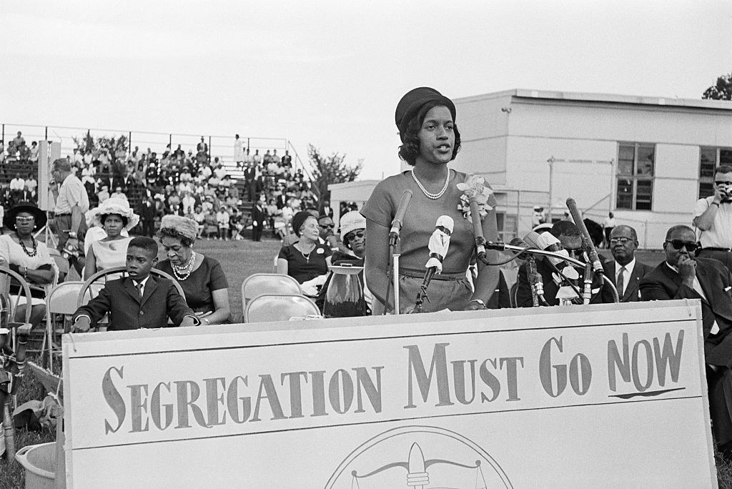 Myrlie Evers speaks at a desegregation rally.