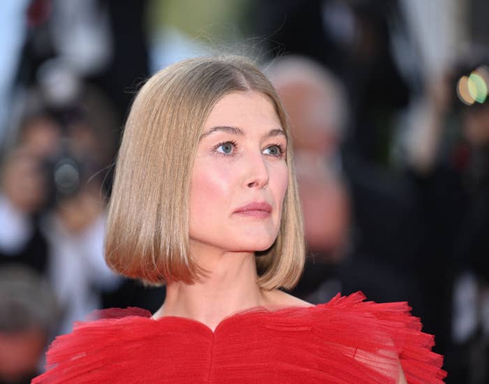 A closeup of Rosamund at a red carpet event