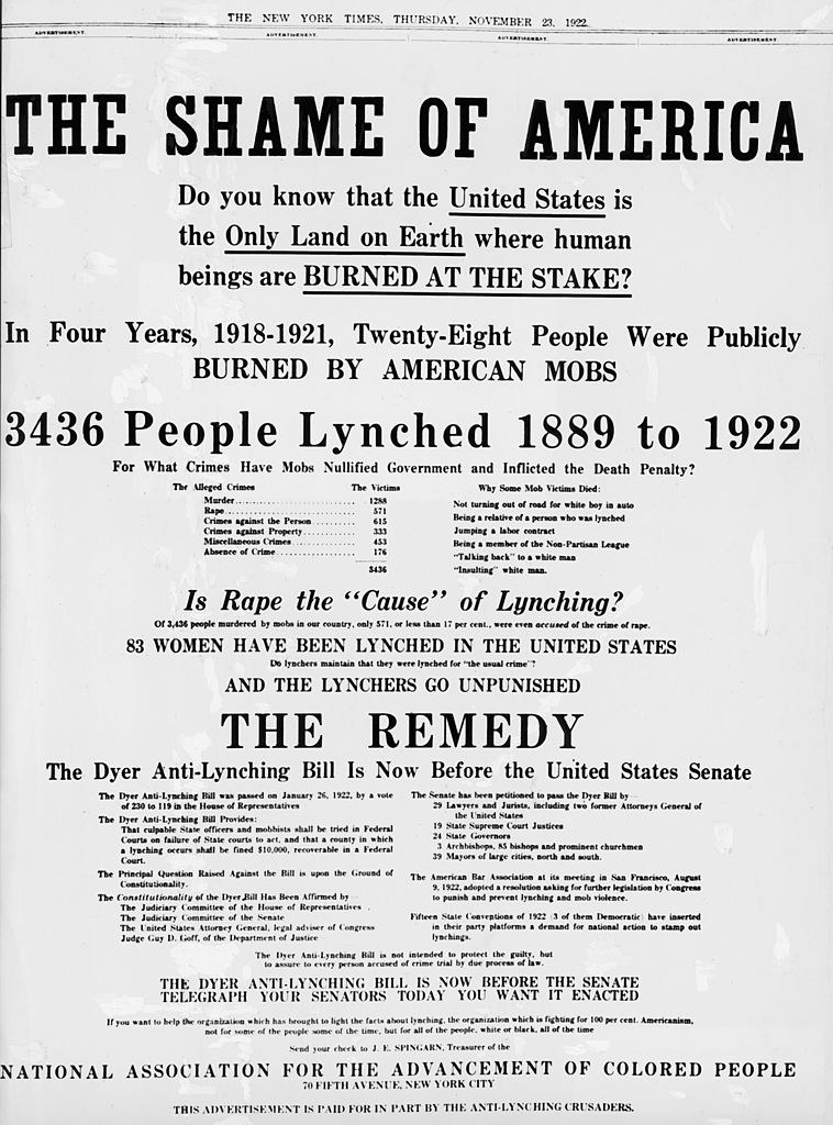 Advertisement for the Dyer Anti-Lynching Bill headlined &#x27;The Shame Of America&#x27; sponsored by The NAACP