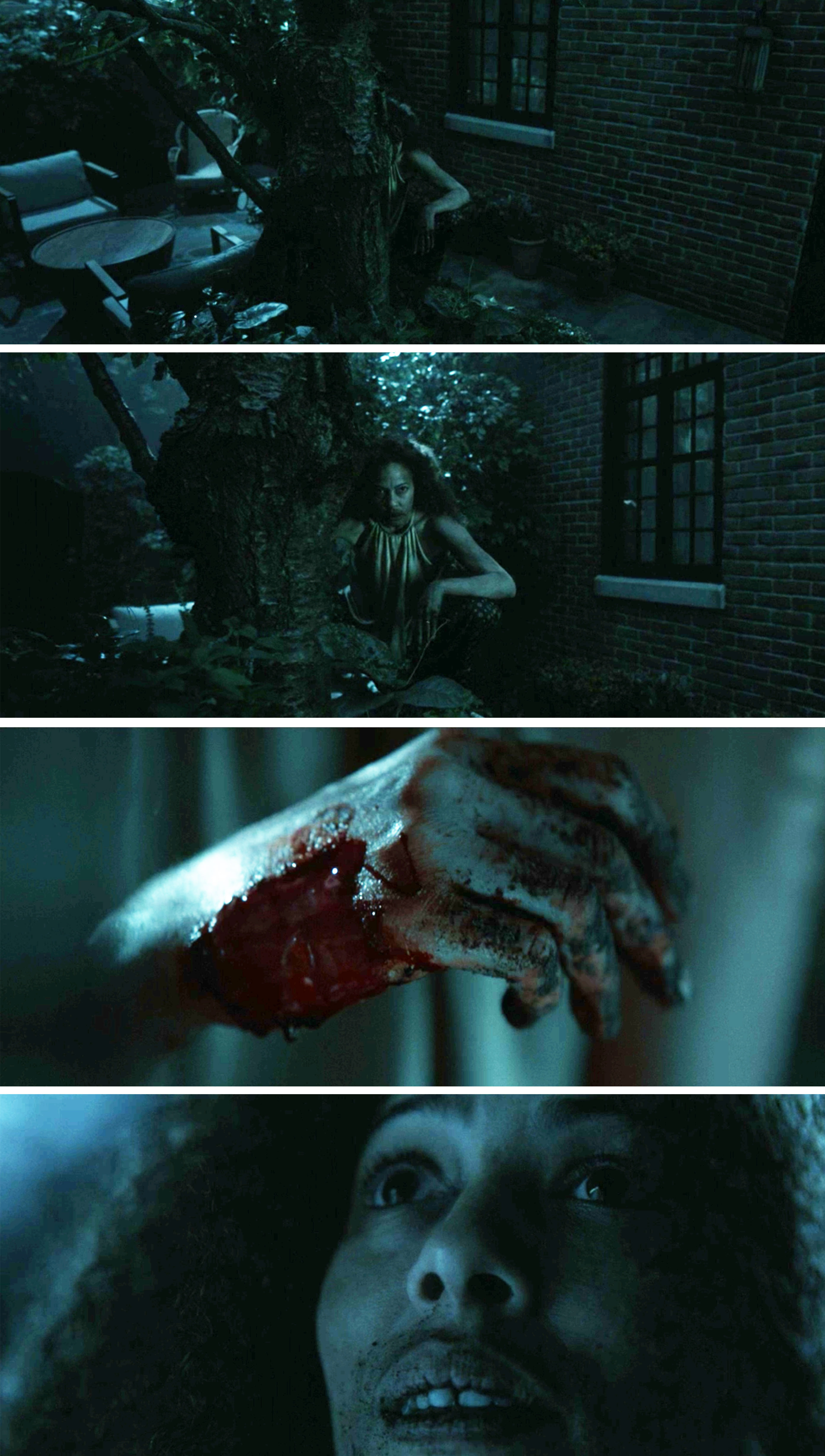 Taissa with blood on her hand outside Sammy&#x27;s window in a tree