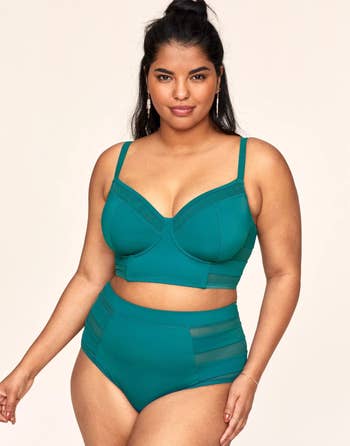 Model wearing green balconette bikini set