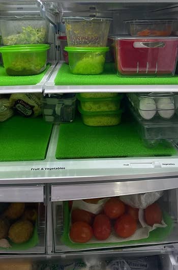 reviewer's fridge with the green liners placed in the drawers and on shelves