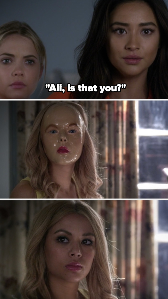 Emily says &quot;Ali is that you?&quot; and the blonde girl takes off her mask to reveal she&#x27;s Mona