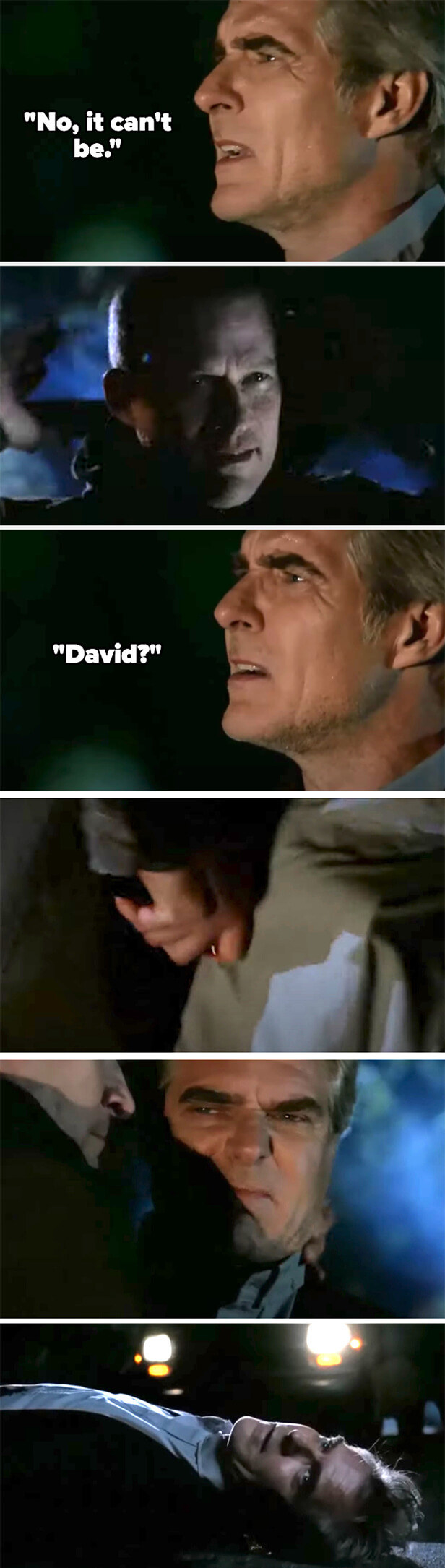 David pulls up to Conrad, who sees him and says &quot;David?&quot; David takes out a knife and stabs him and he falls, dead