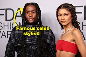 Stylist Law Roach wears a long sleeve plaid blouse and Zendaya wears a strapless brightly colored bandeau top