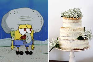 spongebob dressed as squidward on the left and a wedding cake on the right covered in baby's breath flowers