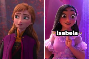 On the left, Anna from Frozen 2, and on the right, Isabela from Encanto