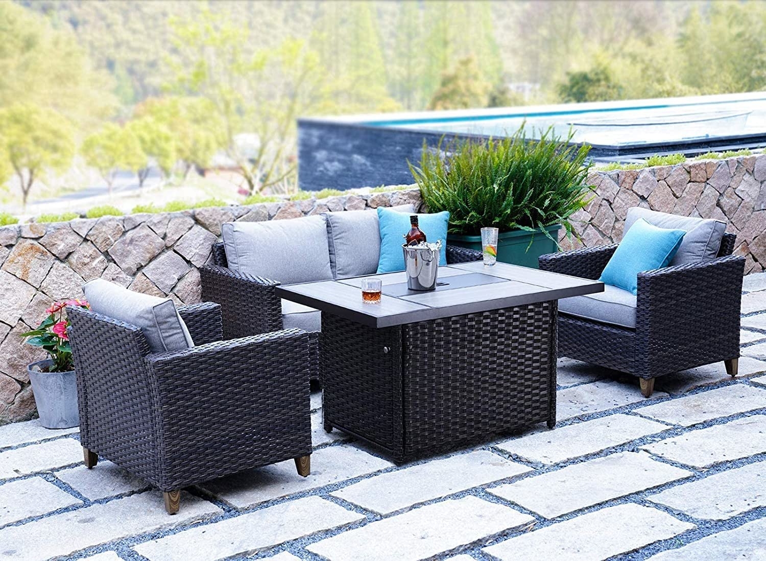 PatioPost 5 Piece Outdoor Patio Wicker Rattan Bar Set with Glass Top Table and Four Cushions Bar Stools,Outdoor Furniture Set for Lawn Backyards Gardens,Dining Set or Poolside-Brown 