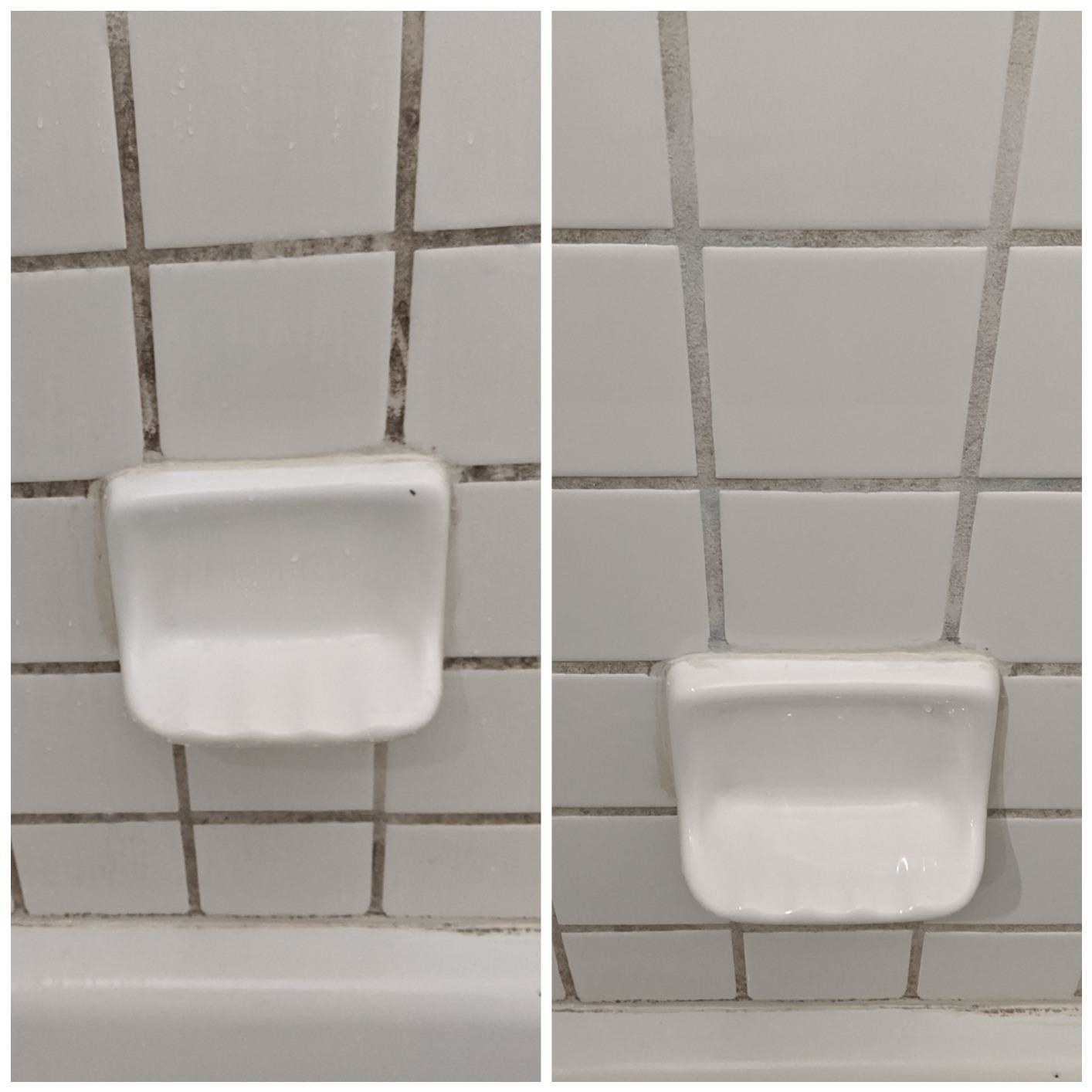 before photo of white shower tile with dark gray, dirty grout and an after photo of the same tile looking much cleaner and the grout is white again