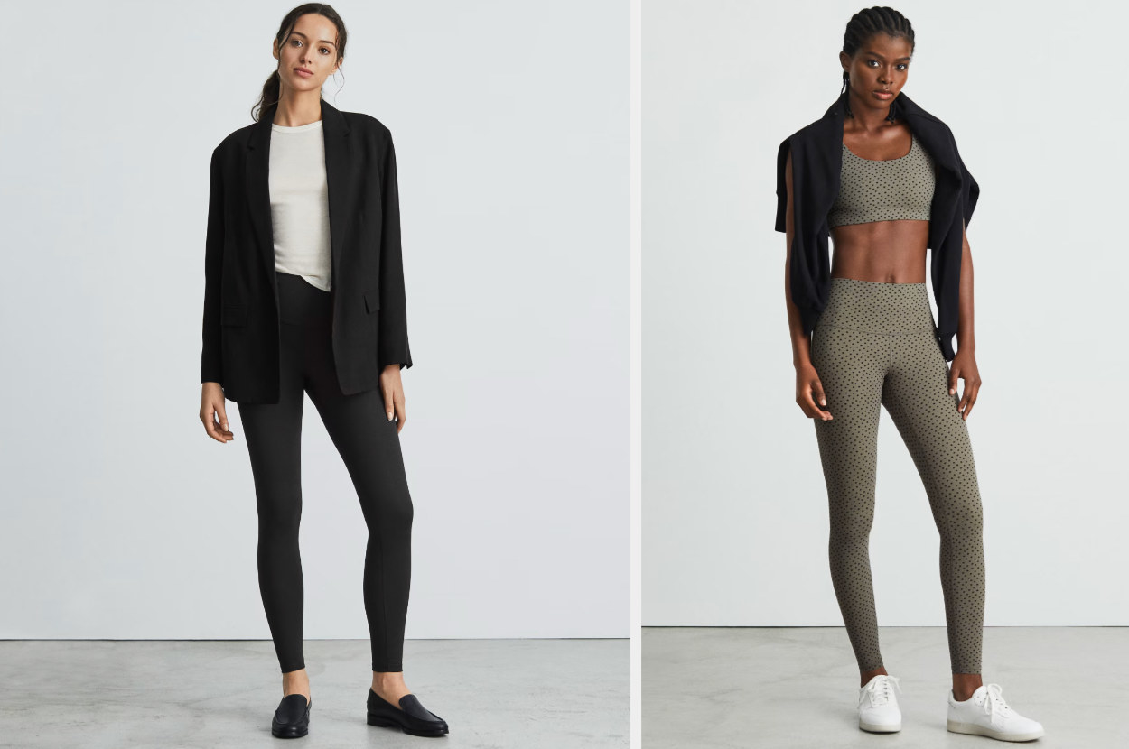 Model wearing black leggings with black loafers and a blazer, model wearing green and black polka dot leggings with matching sports bra and white sneakers
