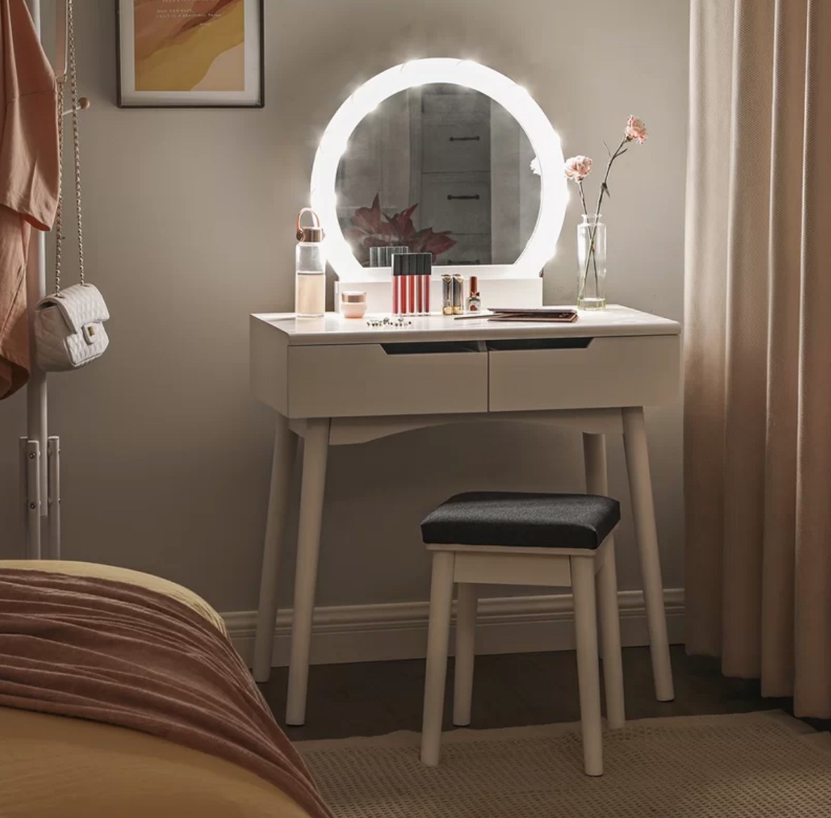 White makeup vanity with matching stool, light up LED mirror turned on