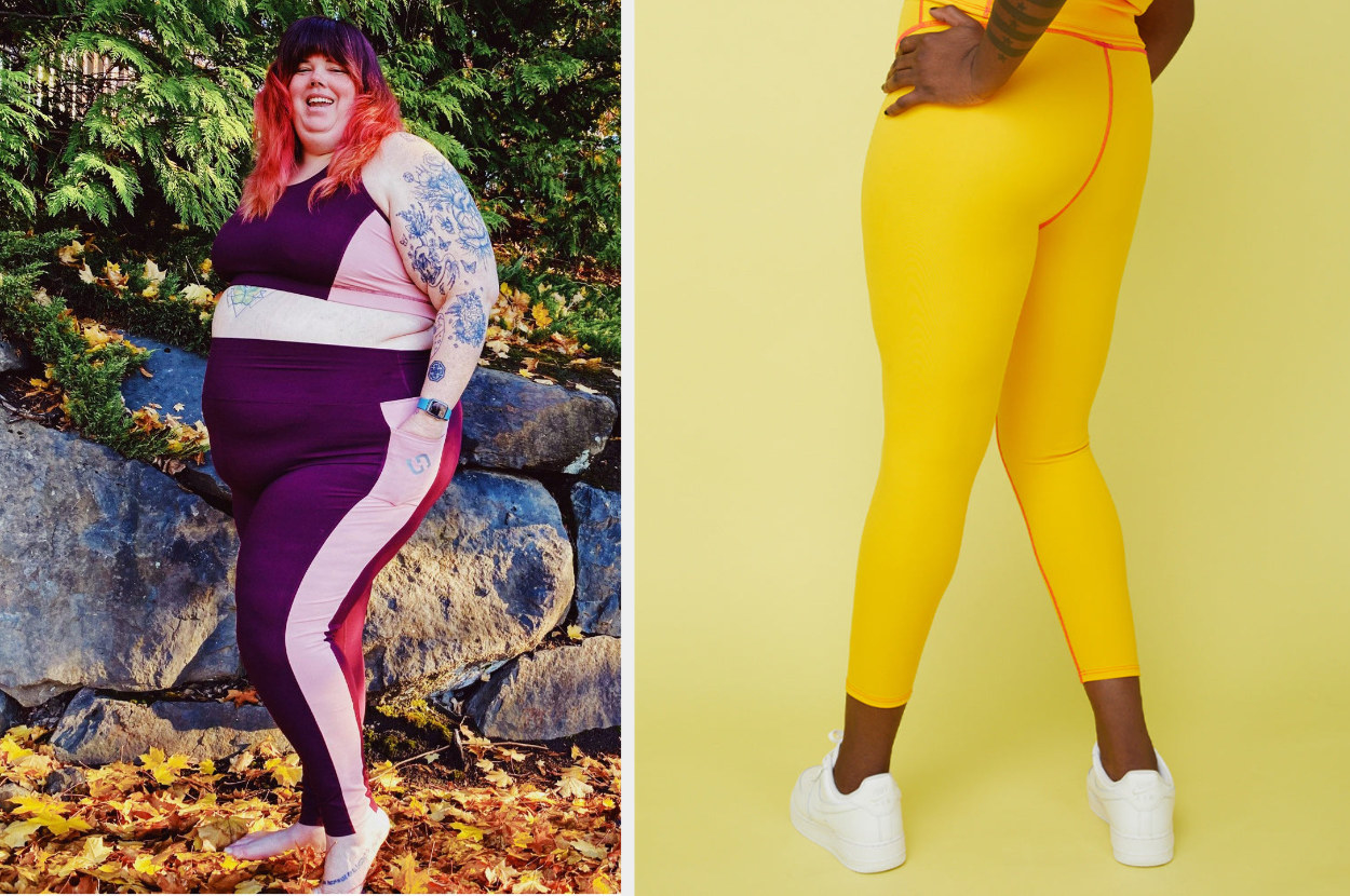 Model wearing purple and pink side stripe leggings with matching sports bra outside, model wearing bright yellow leggings with coral seam and white tennis sneakers