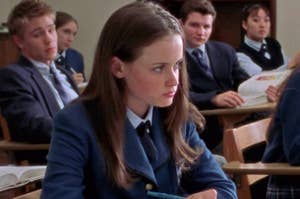 Rory from Gilmore Girls sitting at a desk at Chilton