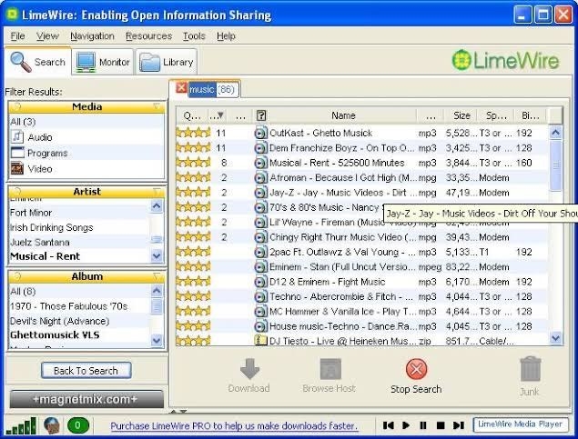 Screenshot of LimeWire page downloading mp3s