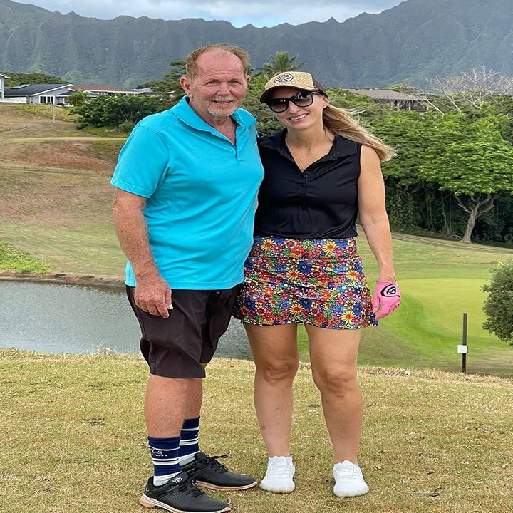 reviewer wearing the floral skort