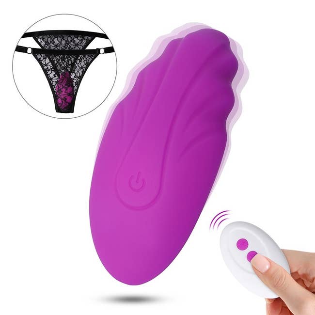 Purple vibrator with model holding white remote