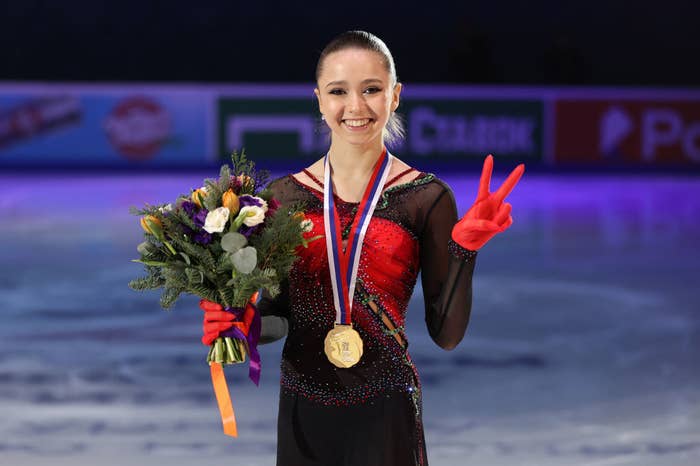 Golden medalist Kamila Valieva poses during awarding ceremony on 2022 Russian Figure Skating Championships