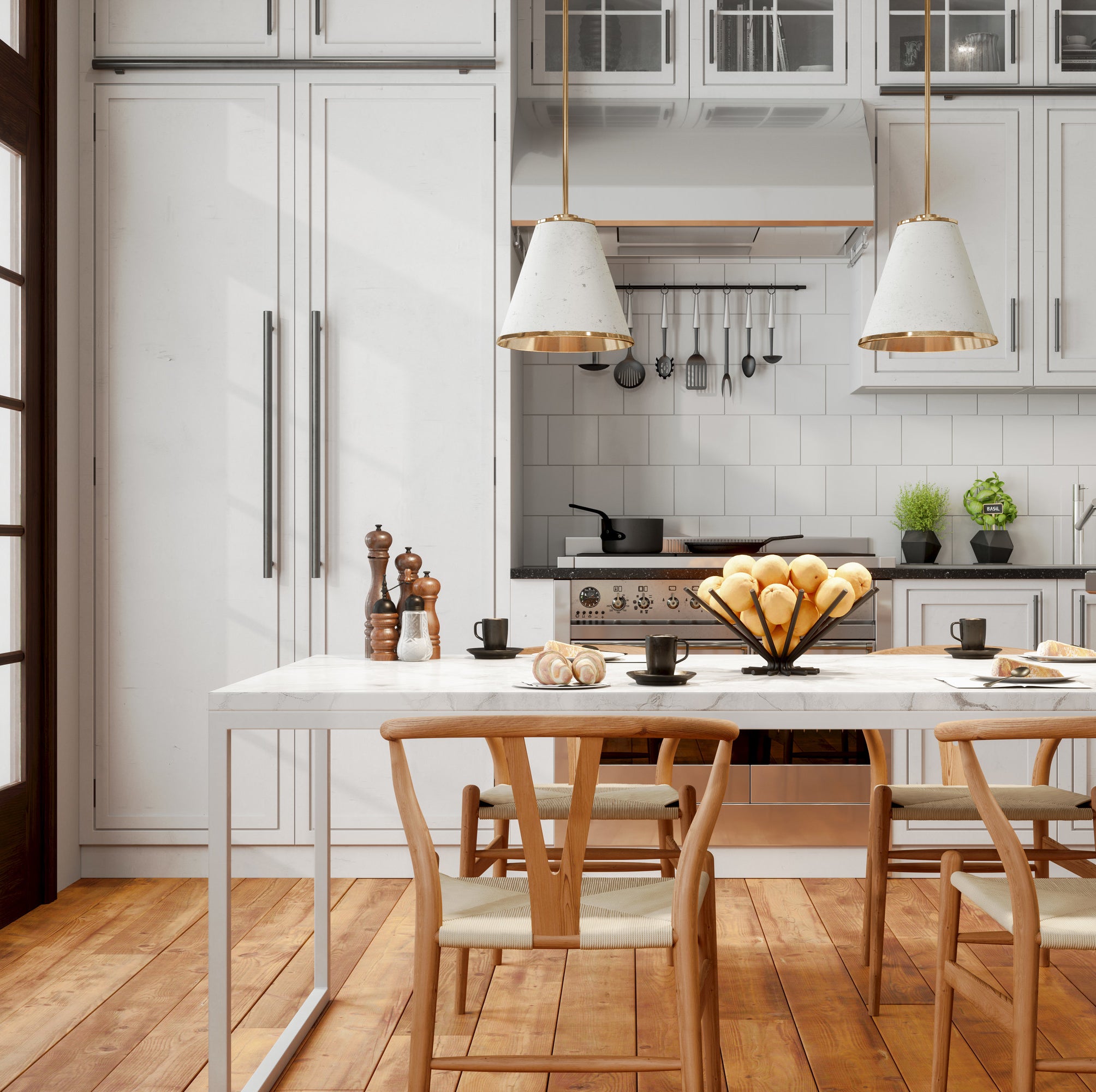 Bright, white-hued kitchen with natural wood floors