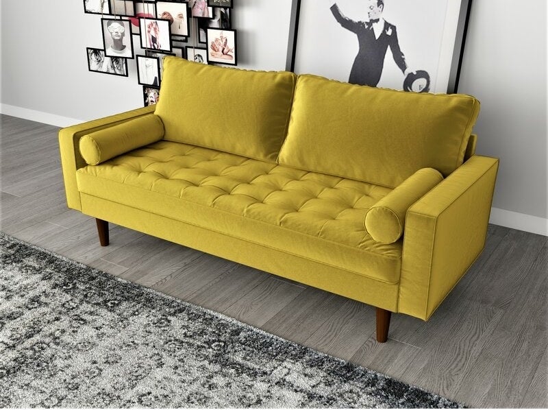 Square arm sofa in golden rod velvet