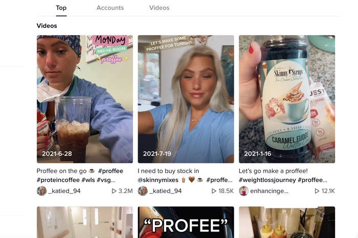 Different clips of TikTok videos making the proffee drink