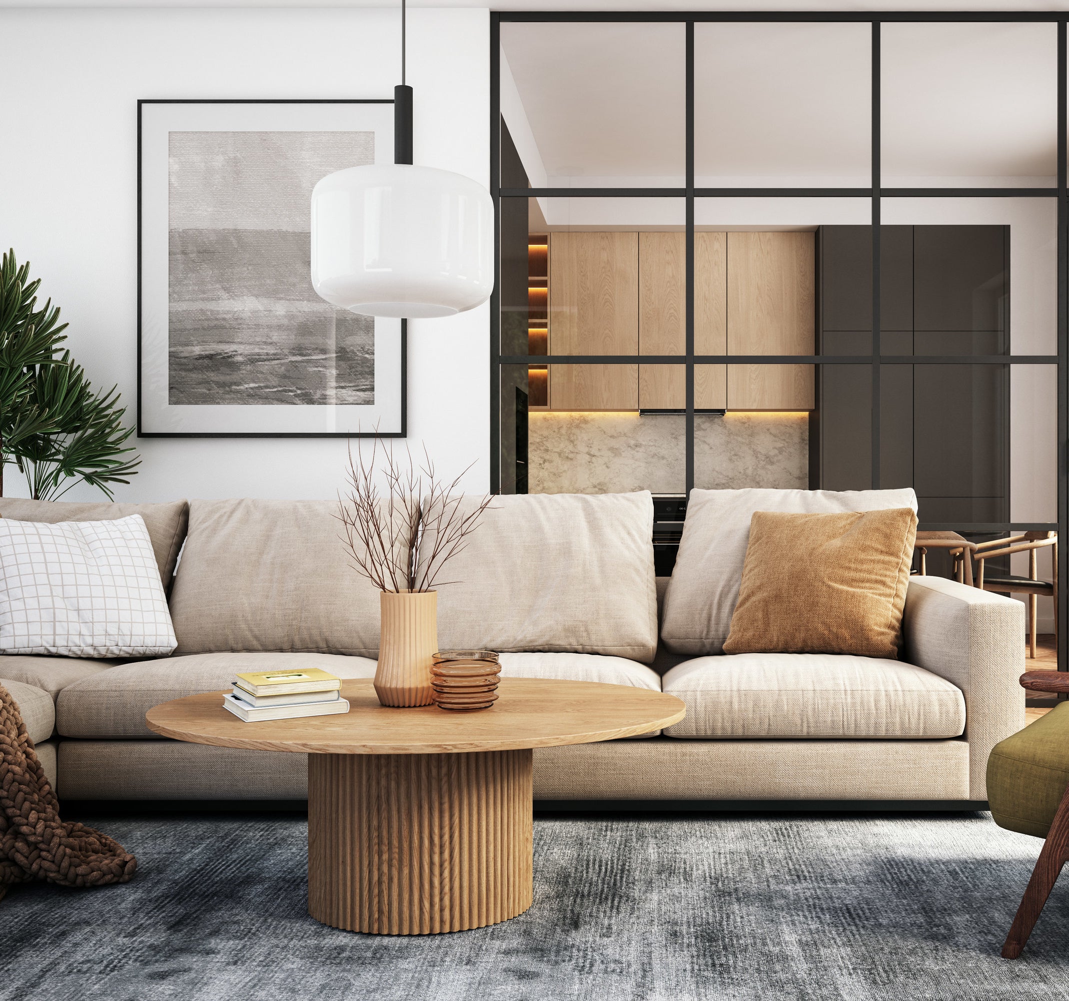 Linear couch and chairs in a large living room