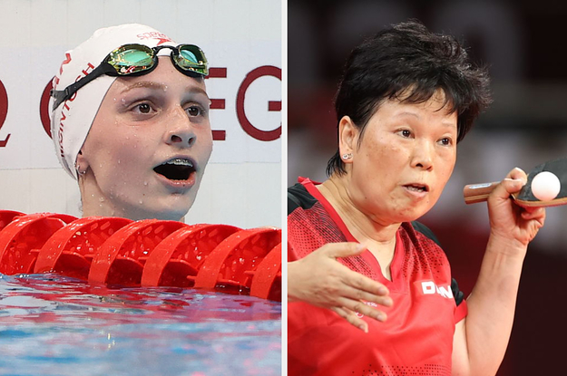 Katie Grimes, a 15-year-old swimmer, next to Ni Xia Lian, a 58-year-old table tennis player