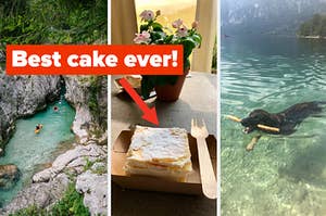 Left: Kayakers in Soca River; Middle: Bled Cream Cake; Right: Dog swimming in Lake Bohinj