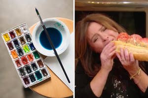 On the left, some watercolor paints, a paintbrush, and a cup of dirty paint water, and on the right, Rachel Ray eating a sub sandwich