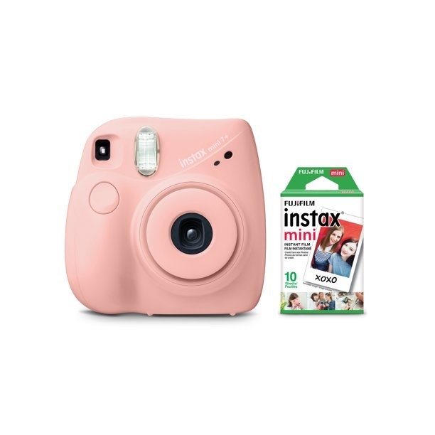 A pink Fujifilm Instax mini camera and a box of film