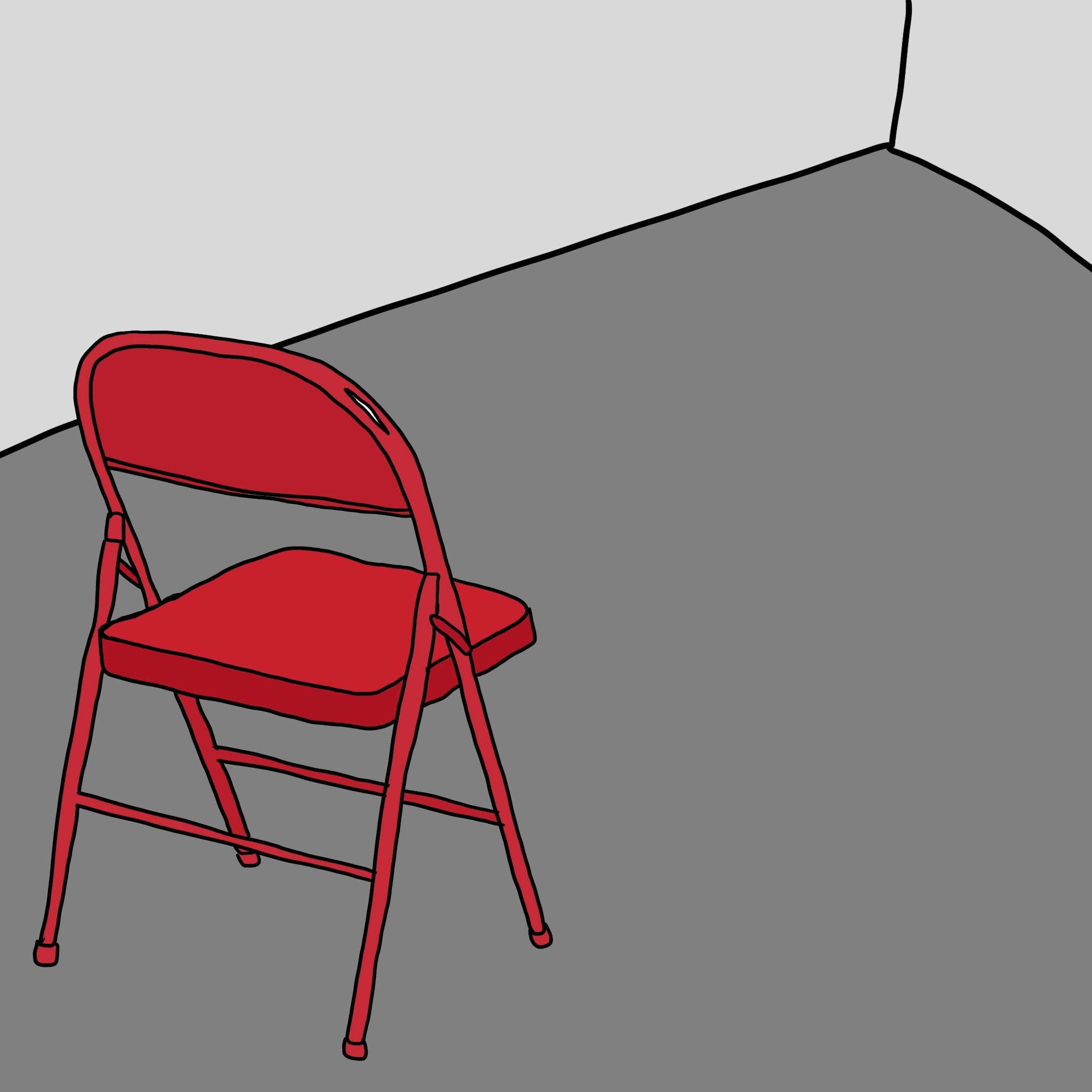 A single red steel folding chair