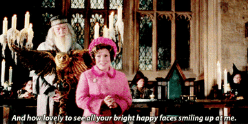 GIF of Dolores addressing the students of Hogwarts