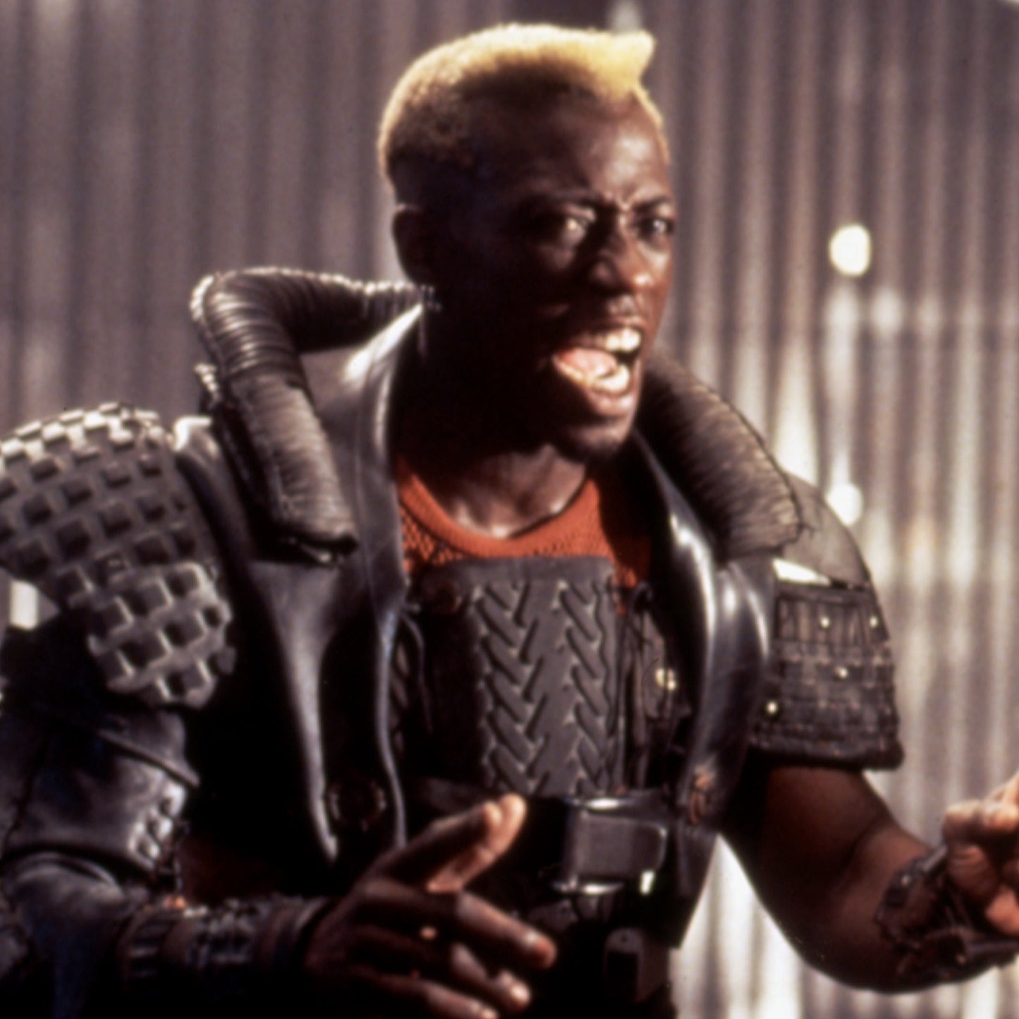 Wesley Snipes dressed in gear from the future screaming