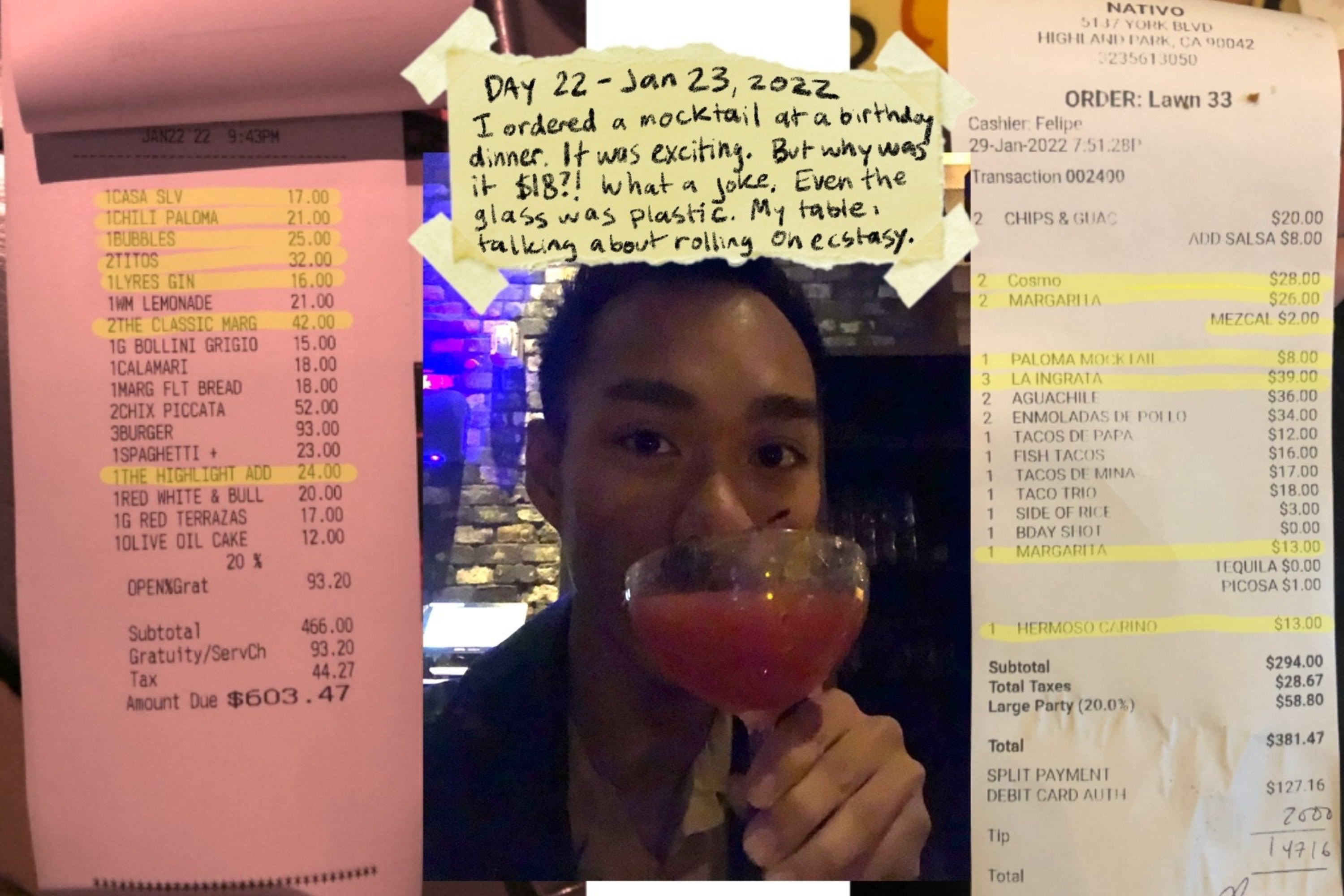 Author drinking a $18 mocktail accompanied with receipts, one totaling over $600 and the other over $380 with the alcoholic items highlighted