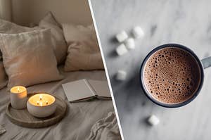 A cozy pillow and candles are shown on the left with hot chocolate on the right