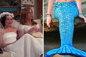 Monica and Rachel are in wedding dresses on the left with a mermaid on a rock on the right